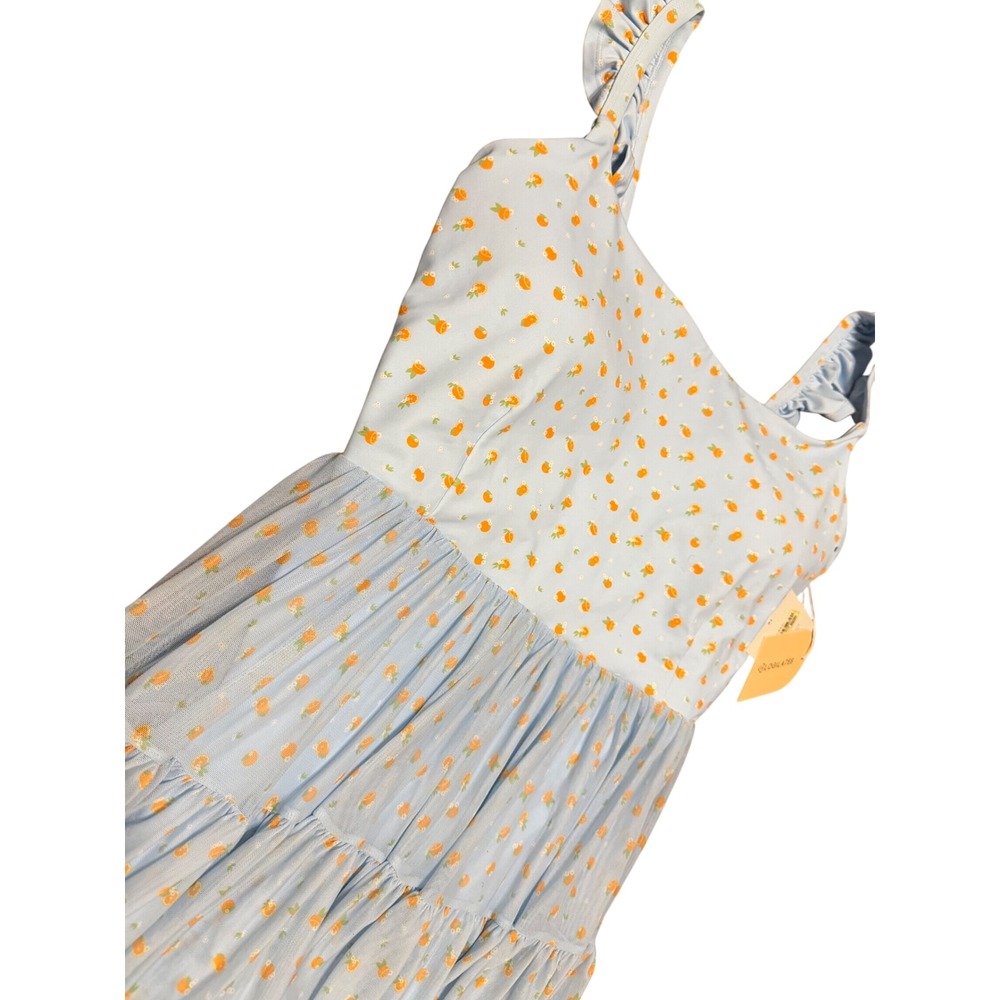 Blogilates Womens 1X Orange Print Tiered Active Dress Light Blue Ruffle Strap
